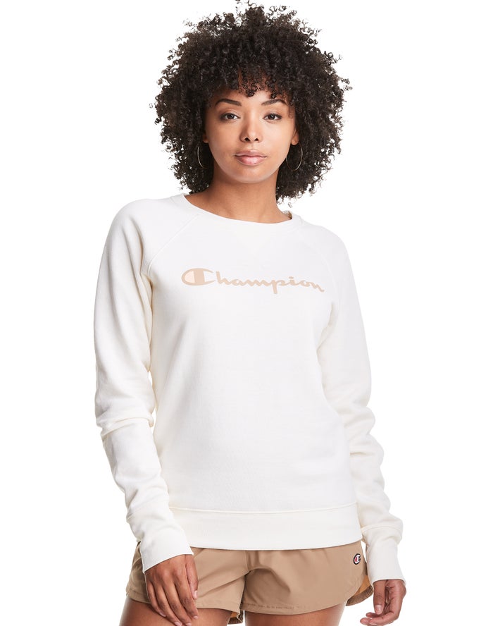 Champion Dame Sweatshirt Hvide - Powerblend Fleece Classic Crew Script Logo - Danmark CPN-279641